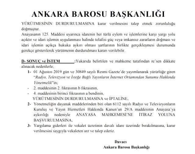 RTÜK'ün internet yönetmeliğine Ankara Barosu'dan iptal davası