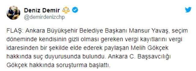 Savcılık, Yavaş'ın başvurusu üzerine Gökçek hakkında soruşturma başlattı