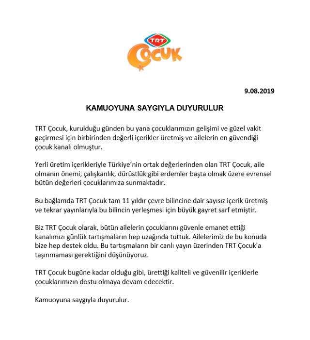 TRT Çocuk'tan 'Kaz Dağları' açıklaması: Günlük tartışma kanala taşınmamalı