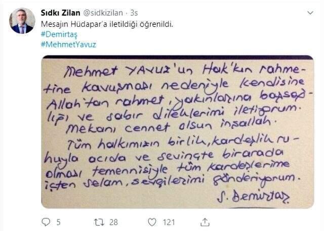 Demirtaş'tan HÜDAPAR'a taziye mesajı: Acıda ve sevinçte bir arada olunması temennisiyle