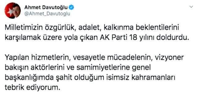 Eski Başbakan Davutoğlu, yayımladığı mesajda Cumhurbaşkanı Erdoğan'ı es geçti