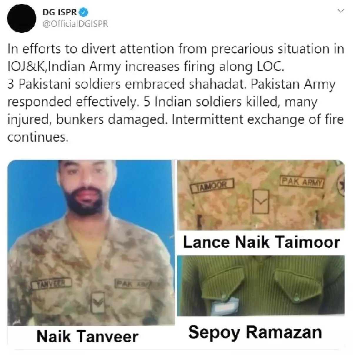 Pakistan: Keşmir'deki çatışmada 3 askerimiz ve 5 Hint askeri öldü