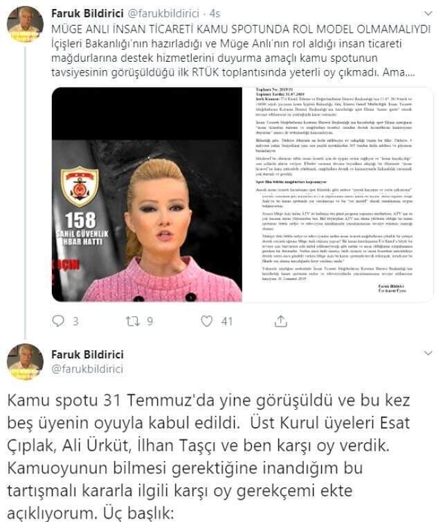 CHP'li RTÜK üyesi Faruk Bildirici, Müge Anlı'nın insan ticareti kamu spotunda oynamasına tepki gösterdi