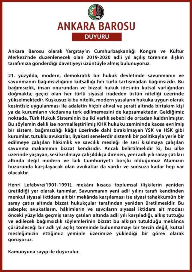 Yargıtay'ın adli yıl açılış töreni davetini Ankara Barosu da reddetti