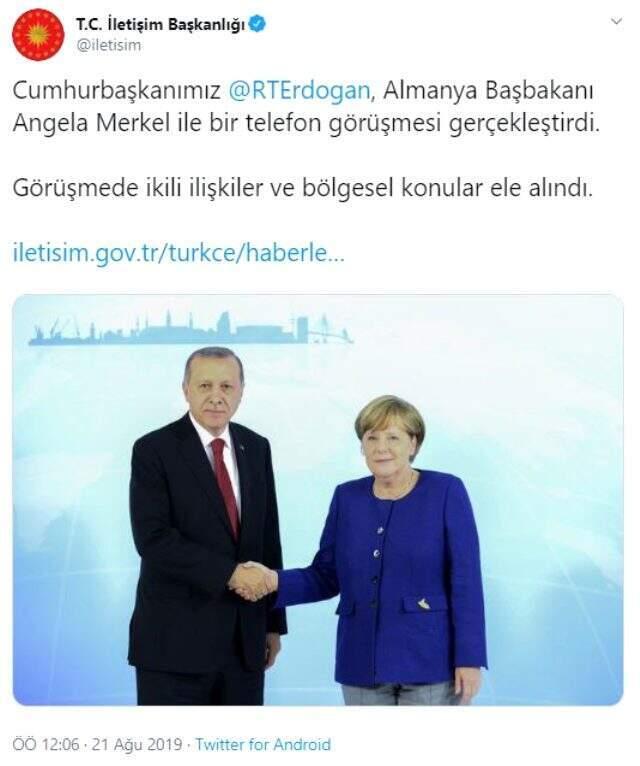 Cumhurbaşkanı Erdoğan, Angela Merkel ile telefonda görüştü
