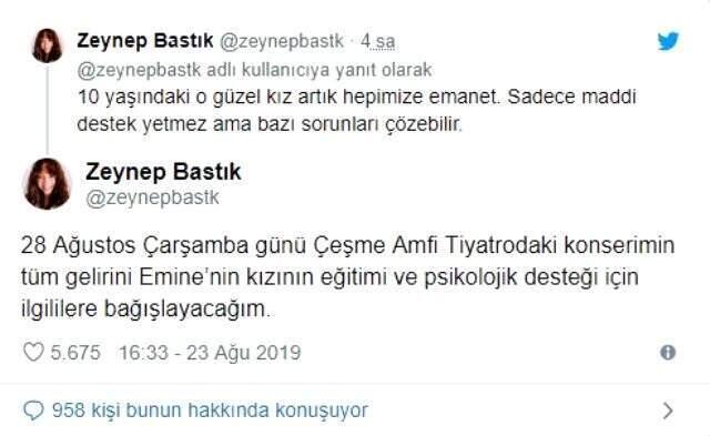 Zeynep Bastık, konser gelirlerini Emine Bulut'un küçük kızına bağışlayacak