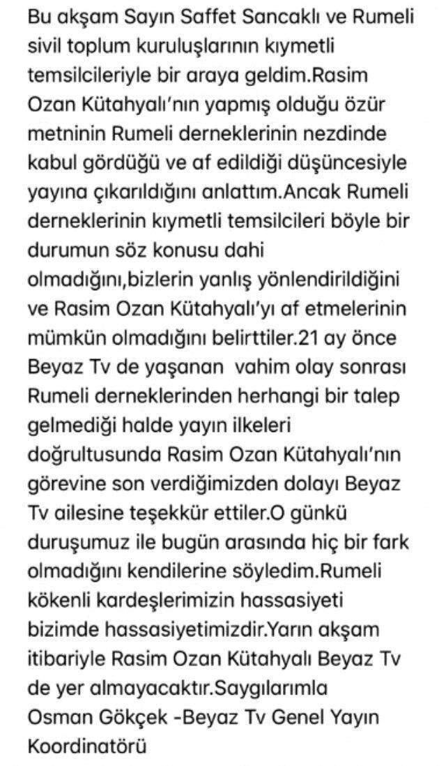Rasim Ozan Kütahyalı ile Beyaz TV'nin yolları ayrıldı