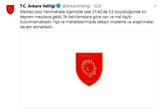 Son dakika: Ankara'da 3,5 büyüklüğünde deprem!