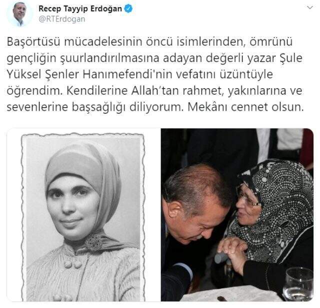 Recep Tayyip Erdoğan, hayatını kaybeden Şule Yüksel Şenler için taziye mesajı yayınladı