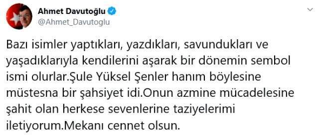 Recep Tayyip Erdoğan, hayatını kaybeden Şule Yüksel Şenler için taziye mesajı yayınladı