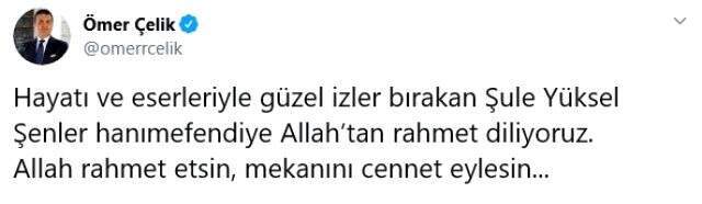 Recep Tayyip Erdoğan, hayatını kaybeden Şule Yüksel Şenler için taziye mesajı yayınladı