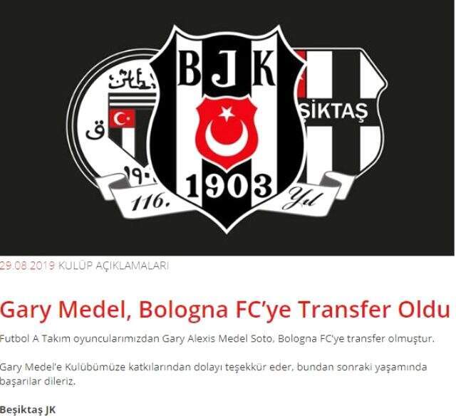 Beşiktaş, Medel'in Bologna'ya transfer olduğunu açıkladı