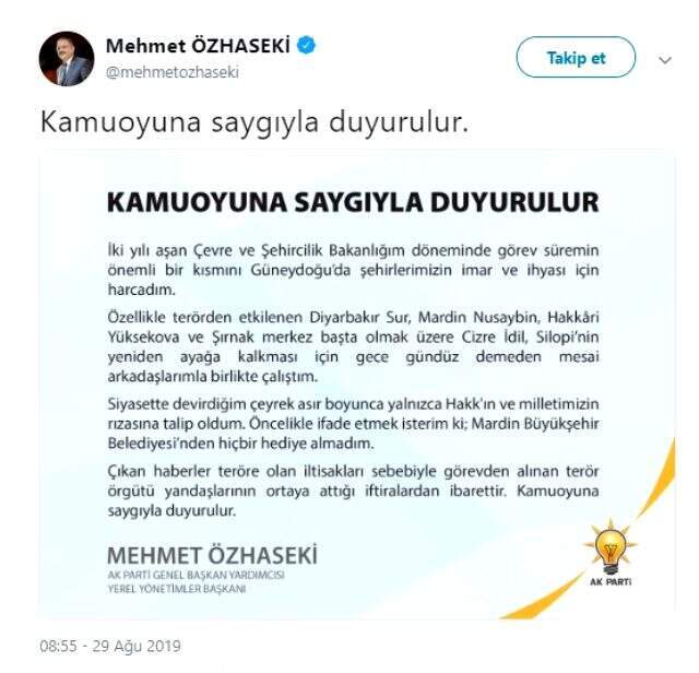 Mehmet Özhaseki'den hediye açıklaması: Mardin Büyükşehir Belediyesinden hiçbir hediye almadım
