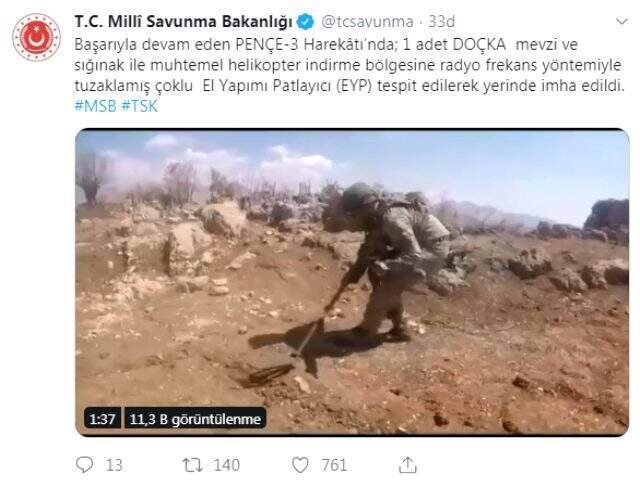 Pençe-3 Harekatı'nda, tuzaklanmış çoklu EYP imha edildi