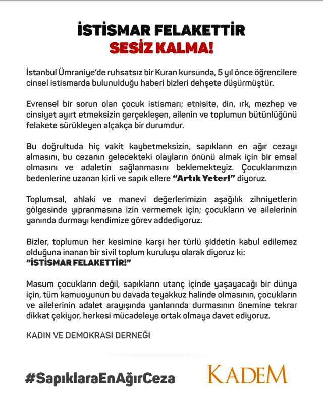Kuran kursunda çocukların istismara uğramasıyla ilgili KADEM'den açıklama: Artık yeter!