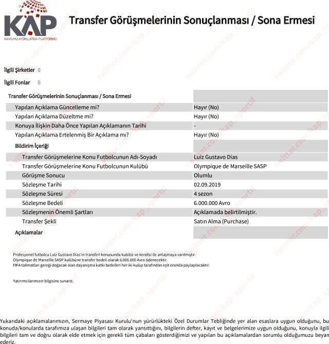 Son Dakika: Fenerbahçe, Luiz Gustavo'yu KAP'a bildirdi!