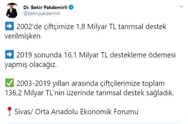 Bakan Bekir Pakdemirli çiftçiye destek müjdesi verdi