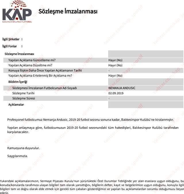 Trabzonspor, Andusic'i Balıkesirspor'a kiraladı