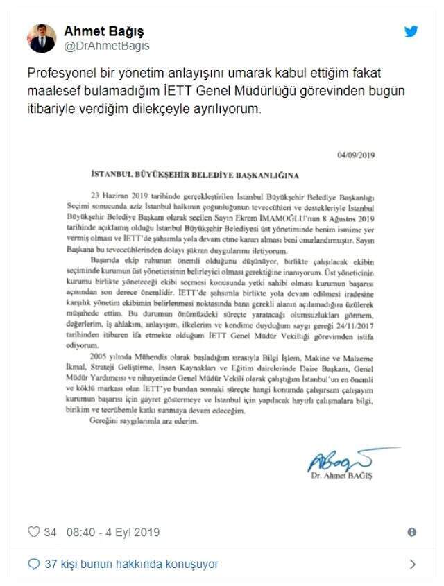 İETT Genel Müdürü Ahmet Bağış, görevinden istifa etti
