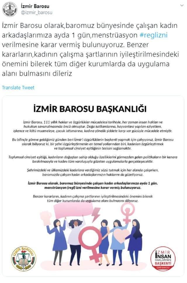 İzmir Barosu'ndan kadın çalışanlarına regl izni kararı