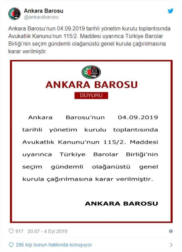 Ankara Barosu da Metin Feyzioğlu'nu protesto ederek seçim çağrısında bulundu