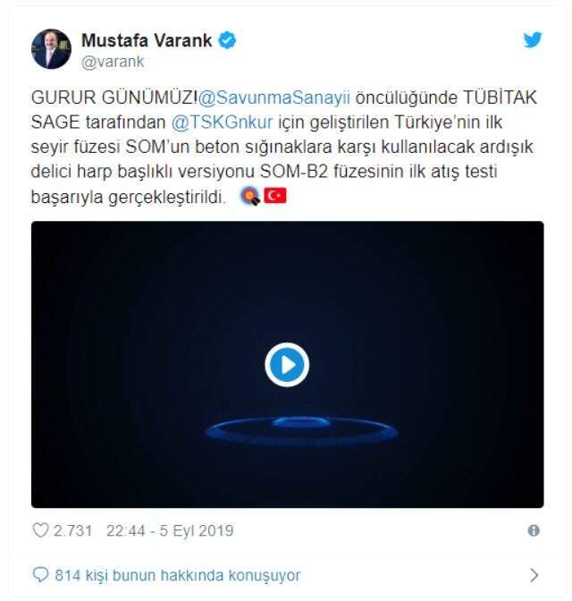 Bakan Varank duyurdu: SOM-B2 füzesinin ilk atış testi başarıyla gerçekleştirildi