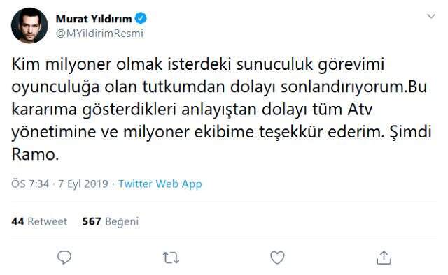 Murat Yıldırım'dan 'Kim Milyoner Olmak İster' kararı