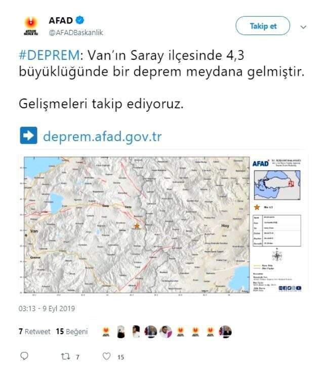 Son dakika: Van'da 4.3 büyüklüğünde deprem meydana geldi