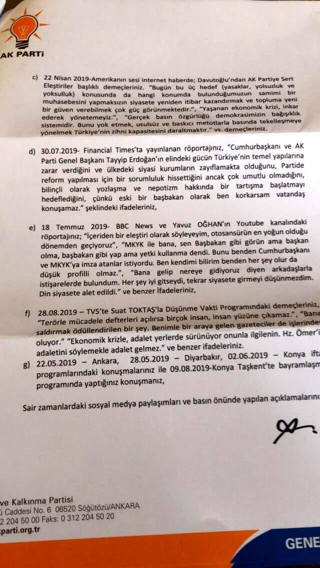 Ahmet Davutoğlu'nun gerekçeli ihraç kararı ortaya çıktı