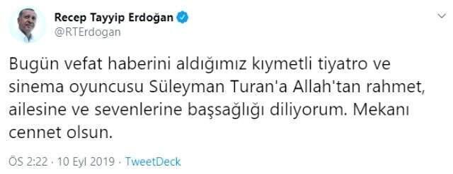 Recep Tayyip Erdoğan, hayatını kaybeden Süleyman Turan amaciyla taziye iletisi yayınladı