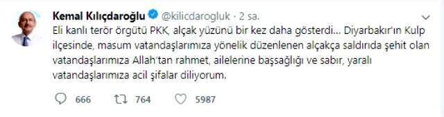Kılıçdaroğlu, Diyarbakır saldırısını kınadı: Eli kanlı terör örgütü PKK, alçak yüzünü bir kez daha gösterdi