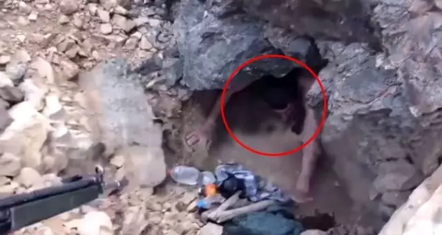 PKK'lı teröristin saklandığı mağaradan çıkarılma görüntüsü yayınlandı