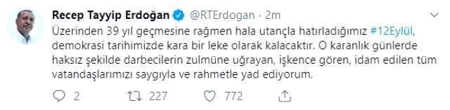 Son Dakika: 12 Eylül Askeri Darbesinin yıl dönümünde Cumhurbaşkanı Erdoğan mesaj yayınladı