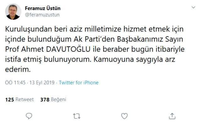 Davutoğlu'nun istifasının ardından eski milletvekili Feramuz Üstün de AK Parti'den istifa etti