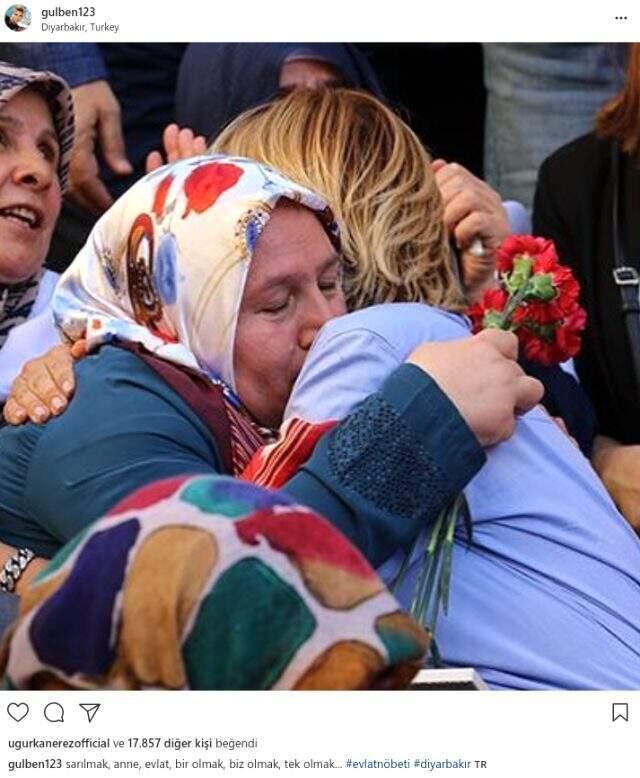 Gülben Ergen'den çocuklarının kaçırıldığı iddiasıyla HDP il binasının önünde eylem yapan ailelere destek ziyareti