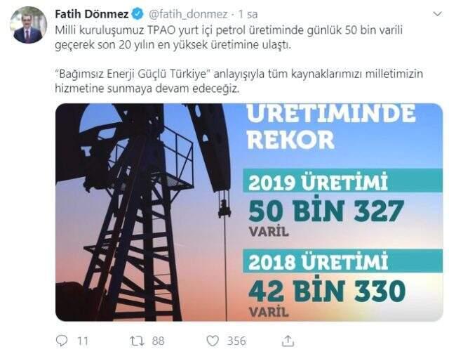 Bakan Dönmez: Yurt içi petrol üretiminde son 20 yılın en yüksek seviyesine ulaştık