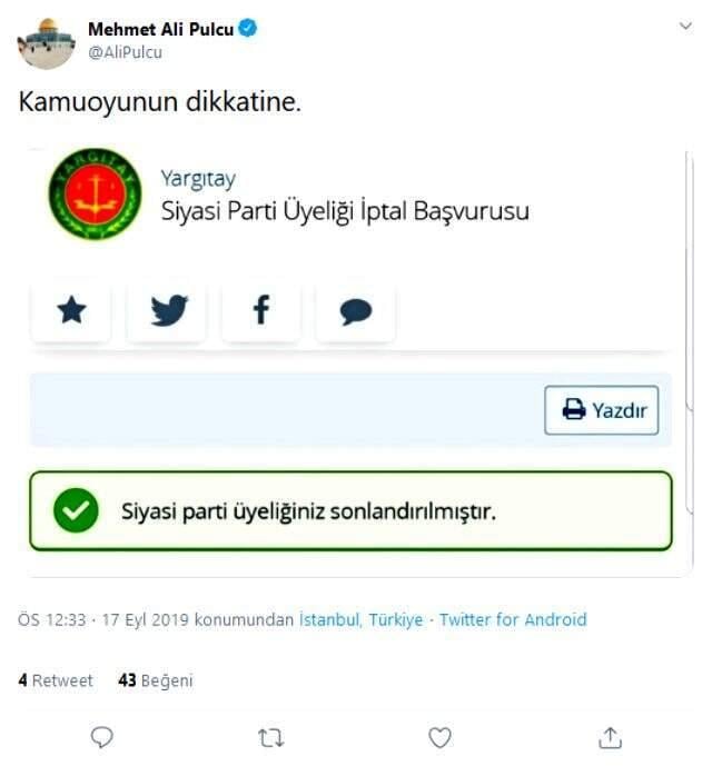 Eski İstanbul Milletvekili Mehmet Ali Pulcu, AK Parti'den istifa etti