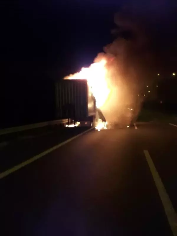 Kuzey marmara otoyolu'nda tır'ın dorsesi alev alev yandı(1)