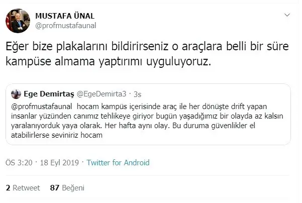 Öğrencinin drift şikayetine rektörün