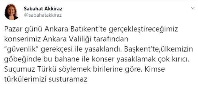 Sabahat Akkiraz'ın Ankara konseri güvenlik gerekçesiyle valilik tarafından iptal edildi