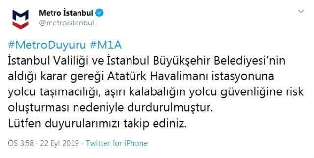 Son dakika: İstanbul Valiliği ve İBB'nin ortak kararıyla Atatürk Havalimanı'na metro seferleri durduruldu