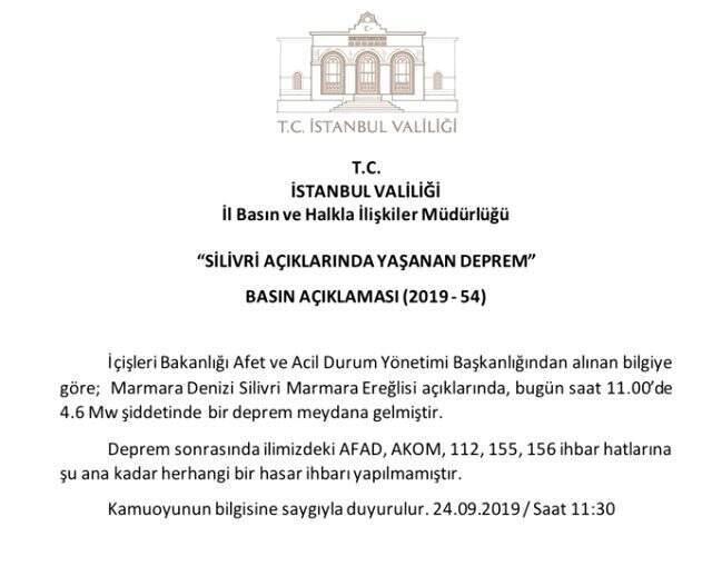 İstanbul Valiliğinden deprem açıklaması