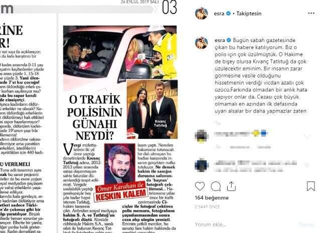 Ciciş Esra Ersoy, hakimle resim çektirdiği amaciyla tenkitlen Kıvanç Tatlıtuğ'a destek oldu