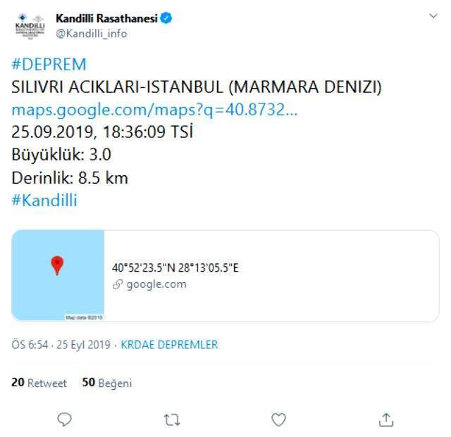 Kandilli duyurdu: Silivri açıklarında 3.0 büyüklüğünde deprem