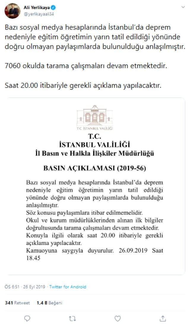 İstanbul Valisi Ali Yerlikaya, yarın okullar tatil edildi iddialarına yanıt verdi: Saat 20.00 itibariyle gerekli açıklama yapılacaktır