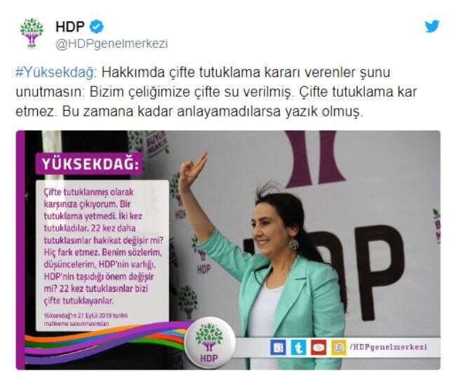 Figen Yüksekdağ'dan hakkında verilen ikinci tutuklama kararına tepki: Çifte tutuklama kar etmez.