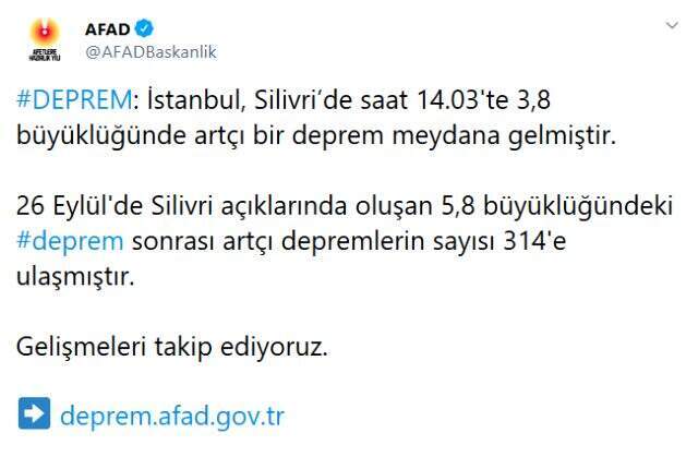 AFAD, 5.8'lik depremin ardından 314 artçı meydana geldiğini açıkladı