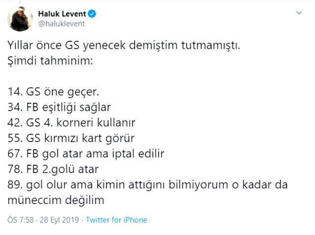 Haluk Levent Galataray-Fenrbahçe derbisine ilişkin tahmin tweeti