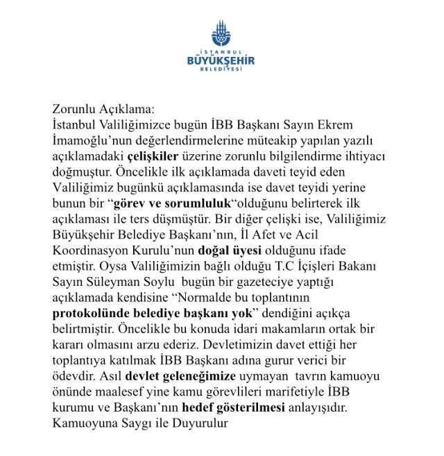 İBB, İstanbul Valiliği'nin 'Toplantıya katılması görevidir' açıklamasına yanıt verdi