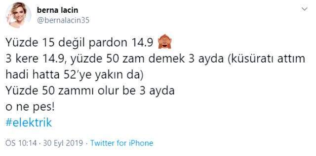 Berna Laçin, elektriğe yapılan yüzde 14,9 oranındaki zamma tepki gösterdi